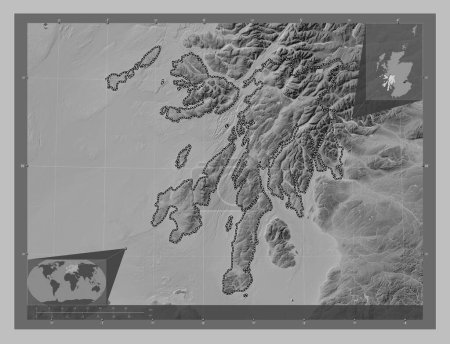 Photo for Argyll and Bute, region of Scotland - Great Britain. Grayscale elevation map with lakes and rivers. Corner auxiliary location maps - Royalty Free Image