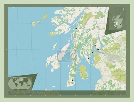 Foto de Argyll y Bute, región de Escocia - Gran Bretaña. Open Street Map. Ubicaciones de las principales ciudades de la región. Mapas de ubicación auxiliares de esquina - Imagen libre de derechos