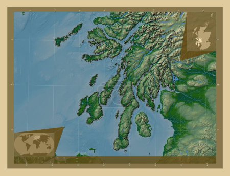 Foto de Argyll y Bute, región de Escocia - Gran Bretaña. Mapa de elevación de colores con lagos y ríos. Ubicaciones de las principales ciudades de la región. Mapas de ubicación auxiliares de esquina - Imagen libre de derechos
