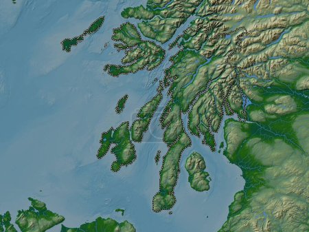 Foto de Argyll y Bute, región de Escocia - Gran Bretaña. Mapa de elevación de colores con lagos y ríos - Imagen libre de derechos