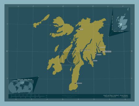 Foto de Argyll y Bute, región de Escocia - Gran Bretaña. Forma de color sólido. Ubicaciones y nombres de las principales ciudades de la región. Mapas de ubicación auxiliares de esquina - Imagen libre de derechos