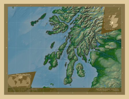 Foto de Argyll y Bute, región de Escocia - Gran Bretaña. Mapa de elevación de colores con lagos y ríos. Ubicaciones y nombres de las principales ciudades de la región. Mapas de ubicación auxiliares de esquina - Imagen libre de derechos
