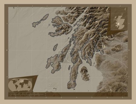Téléchargez les photos : Argyll et Bute, région d'Écosse - Grande-Bretagne. Carte d'altitude colorée dans des tons sépia avec des lacs et des rivières. Emplacements des grandes villes de la région. Corner cartes de localisation auxiliaires - en image libre de droit