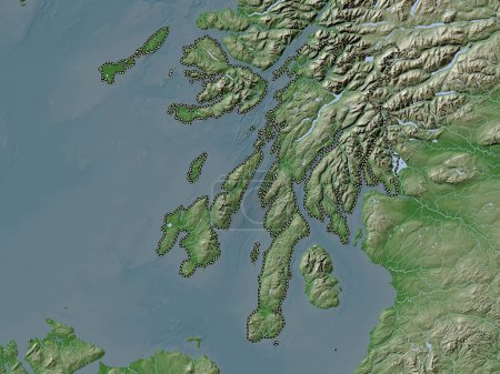 Foto de Argyll y Bute, región de Escocia - Gran Bretaña. Mapa de elevación coloreado en estilo wiki con lagos y ríos - Imagen libre de derechos