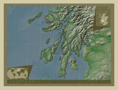 Foto de Argyll y Bute, región de Escocia - Gran Bretaña. Mapa de elevación coloreado en estilo wiki con lagos y ríos. Ubicaciones de las principales ciudades de la región. Mapas de ubicación auxiliares de esquina - Imagen libre de derechos