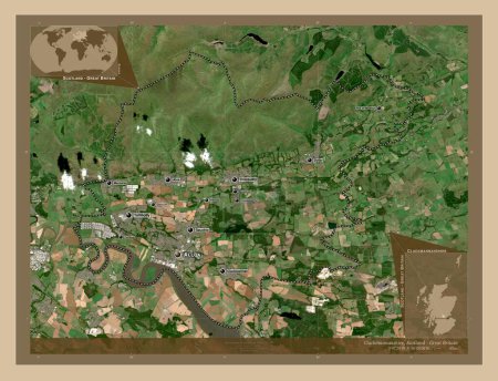 Téléchargez les photos : Clackmannanshire, région d'Écosse - Grande-Bretagne. Carte satellite basse résolution. Emplacements et noms des grandes villes de la région. Corner cartes de localisation auxiliaires - en image libre de droit