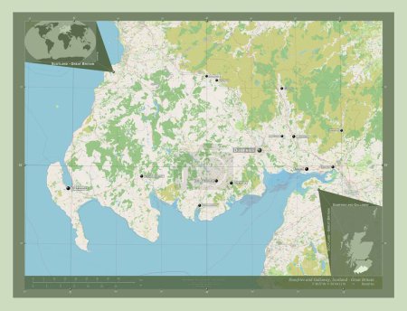 Téléchargez les photos : Dumfries et Galloway, région d'Écosse - Grande-Bretagne. Ouvrir la carte routière. Emplacements et noms des grandes villes de la région. Corner cartes de localisation auxiliaires - en image libre de droit