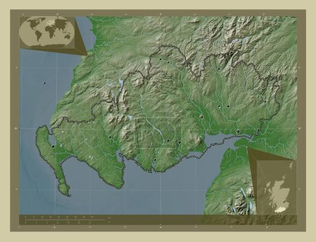 Téléchargez les photos : Dumfries et Galloway, région d'Écosse - Grande-Bretagne. Carte d'altitude colorée dans le style wiki avec des lacs et des rivières. Emplacements des grandes villes de la région. Corner cartes de localisation auxiliaires - en image libre de droit