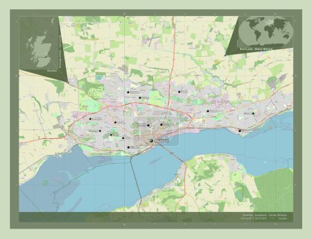 Foto de Dundee, región de Escocia - Gran Bretaña. Open Street Map. Ubicaciones y nombres de las principales ciudades de la región. Mapas de ubicación auxiliares de esquina - Imagen libre de derechos