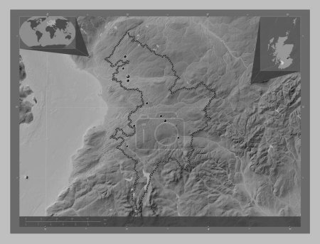 Photo for East Ayrshire, region of Scotland - Great Britain. Grayscale elevation map with lakes and rivers. Locations of major cities of the region. Corner auxiliary location maps - Royalty Free Image