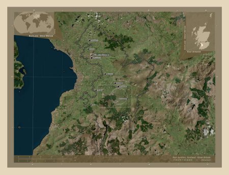 Photo for East Ayrshire, region of Scotland - Great Britain. High resolution satellite map. Locations and names of major cities of the region. Corner auxiliary location maps - Royalty Free Image