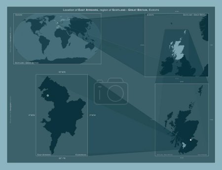 Photo for East Ayrshire, region of Scotland - Great Britain. Diagram showing the location of the region on larger-scale maps. Composition of vector frames and PNG shapes on a solid background - Royalty Free Image