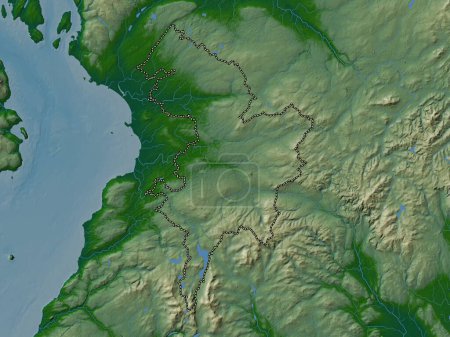 Téléchargez les photos : East Ayrshire, région d'Écosse - Grande-Bretagne. Carte d'altitude colorée avec lacs et rivières - en image libre de droit