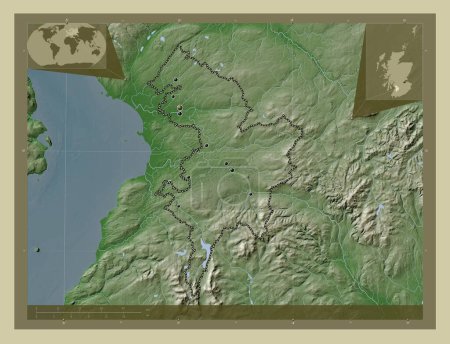 Téléchargez les photos : East Ayrshire, région d'Écosse - Grande-Bretagne. Carte d'altitude colorée dans le style wiki avec des lacs et des rivières. Emplacements des grandes villes de la région. Corner cartes de localisation auxiliaires - en image libre de droit