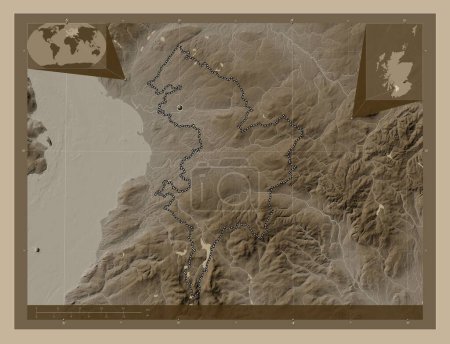 Photo for East Ayrshire, region of Scotland - Great Britain. Elevation map colored in sepia tones with lakes and rivers. Corner auxiliary location maps - Royalty Free Image