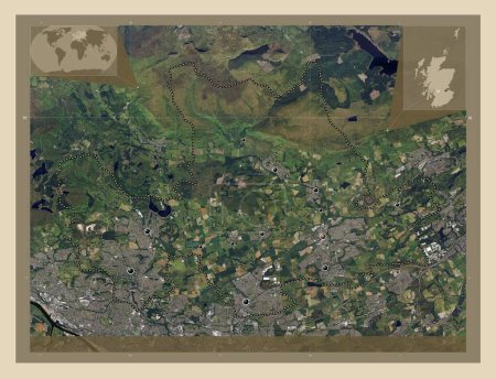 Foto de East Dunbartonshire, región de Escocia - Gran Bretaña. Mapa satelital de alta resolución. Ubicaciones de las principales ciudades de la región. Mapas de ubicación auxiliares de esquina - Imagen libre de derechos