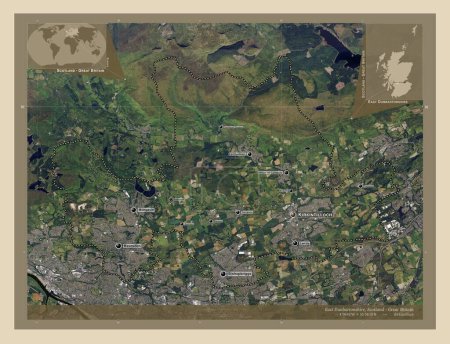 Photo for East Dunbartonshire, region of Scotland - Great Britain. High resolution satellite map. Locations and names of major cities of the region. Corner auxiliary location maps - Royalty Free Image
