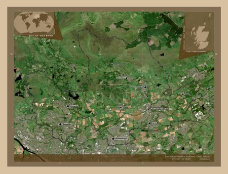 Photo for East Dunbartonshire, region of Scotland - Great Britain. Low resolution satellite map. Locations and names of major cities of the region. Corner auxiliary location maps - Royalty Free Image