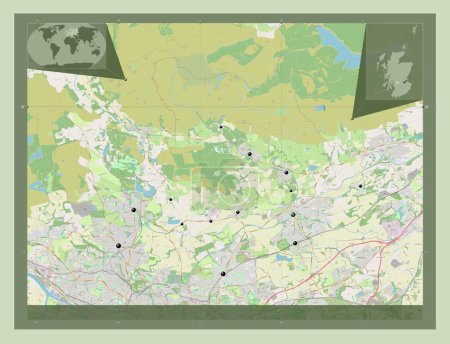Foto de East Dunbartonshire, región de Escocia - Gran Bretaña. Open Street Map. Ubicaciones de las principales ciudades de la región. Mapas de ubicación auxiliares de esquina - Imagen libre de derechos