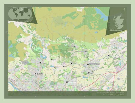 Téléchargez les photos : Dunbartonshire oriental, région d'Écosse - Grande-Bretagne. Ouvrir la carte routière. Emplacements et noms des grandes villes de la région. Corner cartes de localisation auxiliaires - en image libre de droit