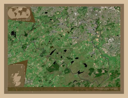 Photo for East Renfrewshire, region of Scotland - Great Britain. Low resolution satellite map. Locations and names of major cities of the region. Corner auxiliary location maps - Royalty Free Image