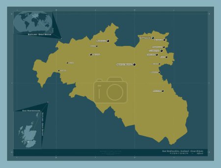 Photo for East Renfrewshire, region of Scotland - Great Britain. Solid color shape. Locations and names of major cities of the region. Corner auxiliary location maps - Royalty Free Image