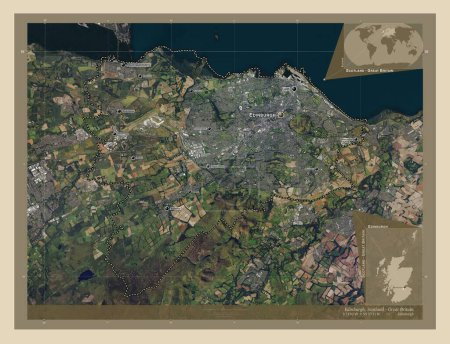 Photo for Edinburgh, region of Scotland - Great Britain. High resolution satellite map. Locations and names of major cities of the region. Corner auxiliary location maps - Royalty Free Image