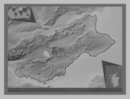 Photo for Fife, region of Scotland - Great Britain. Grayscale elevation map with lakes and rivers. Locations of major cities of the region. Corner auxiliary location maps - Royalty Free Image
