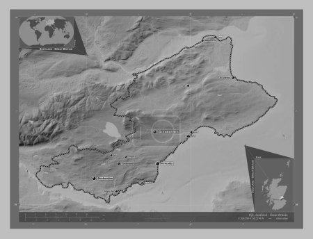 Photo for Fife, region of Scotland - Great Britain. Grayscale elevation map with lakes and rivers. Locations and names of major cities of the region. Corner auxiliary location maps - Royalty Free Image