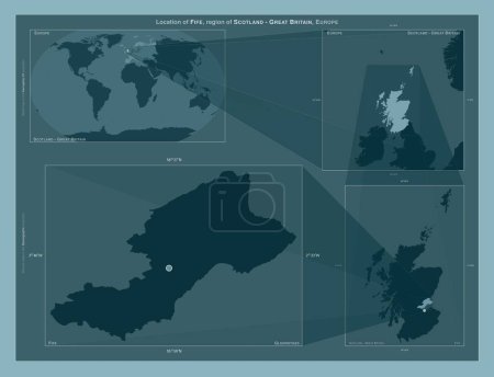 Photo for Fife, region of Scotland - Great Britain. Diagram showing the location of the region on larger-scale maps. Composition of vector frames and PNG shapes on a solid background - Royalty Free Image