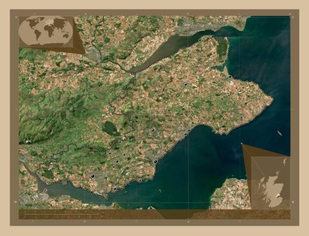 Photo for Fife, region of Scotland - Great Britain. Low resolution satellite map. Locations of major cities of the region. Corner auxiliary location maps - Royalty Free Image
