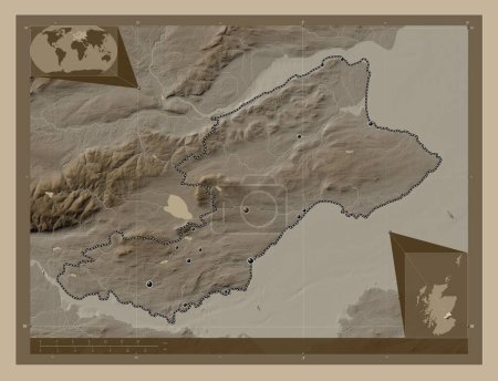 Photo for Fife, region of Scotland - Great Britain. Elevation map colored in sepia tones with lakes and rivers. Locations of major cities of the region. Corner auxiliary location maps - Royalty Free Image