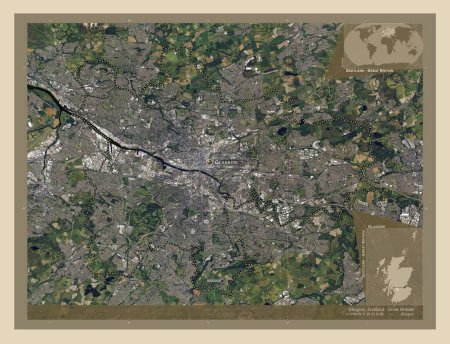 Téléchargez les photos : Glasgow, région d'Écosse - Grande-Bretagne. Carte satellite haute résolution. Emplacements et noms des grandes villes de la région. Corner cartes de localisation auxiliaires - en image libre de droit