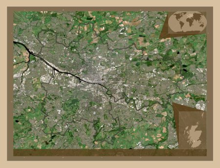 Photo for Glasgow, region of Scotland - Great Britain. Low resolution satellite map. Locations of major cities of the region. Corner auxiliary location maps - Royalty Free Image
