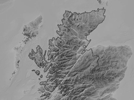 Téléchargez les photos : Highland, région d'Écosse - Grande-Bretagne. Carte d'altitude en niveaux de gris avec lacs et rivières - en image libre de droit