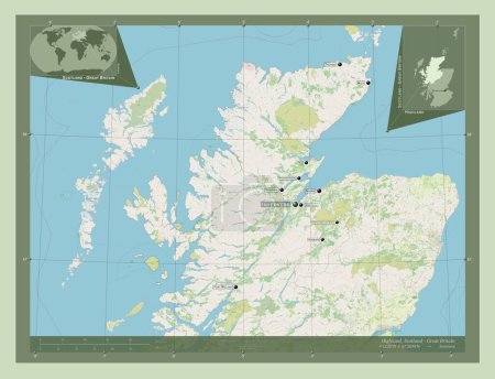 Foto de Highland, región de Escocia - Gran Bretaña. Open Street Map. Ubicaciones y nombres de las principales ciudades de la región. Mapas de ubicación auxiliares de esquina - Imagen libre de derechos