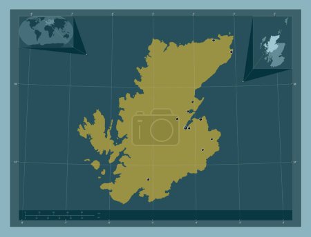 Photo for Highland, region of Scotland - Great Britain. Solid color shape. Locations of major cities of the region. Corner auxiliary location maps - Royalty Free Image