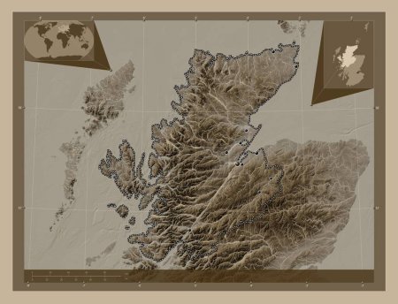 Photo for Highland, region of Scotland - Great Britain. Elevation map colored in sepia tones with lakes and rivers. Locations of major cities of the region. Corner auxiliary location maps - Royalty Free Image