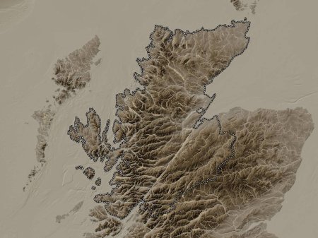 Téléchargez les photos : Highland, région d'Écosse - Grande-Bretagne. Carte d'altitude colorée dans des tons sépia avec des lacs et des rivières - en image libre de droit