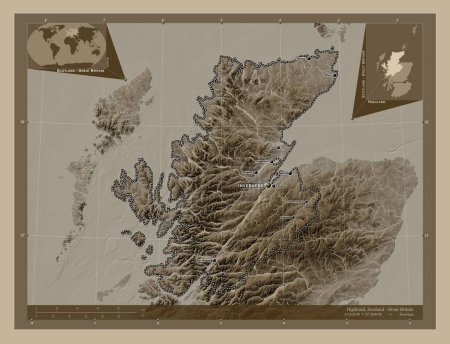 Téléchargez les photos : Highland, région d'Écosse - Grande-Bretagne. Carte d'altitude colorée dans des tons sépia avec des lacs et des rivières. Emplacements et noms des grandes villes de la région. Corner cartes de localisation auxiliaires - en image libre de droit