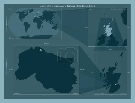 Foto de Inverclyde, región de Escocia - Gran Bretaña. Diagrama que muestra la ubicación de la región en mapas a gran escala. Composición de marcos vectoriales y formas PNG sobre un fondo sólido - Imagen libre de derechos