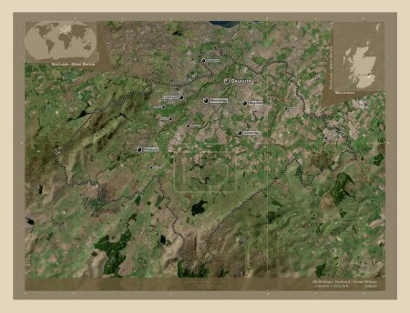 Téléchargez les photos : Midlothian, région d'Écosse - Grande-Bretagne. Carte satellite haute résolution. Emplacements et noms des grandes villes de la région. Corner cartes de localisation auxiliaires - en image libre de droit
