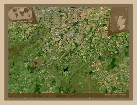 Photo for Midlothian, region of Scotland - Great Britain. Low resolution satellite map. Locations and names of major cities of the region. Corner auxiliary location maps - Royalty Free Image