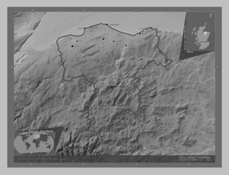 Photo for Moray, region of Scotland - Great Britain. Grayscale elevation map with lakes and rivers. Locations and names of major cities of the region. Corner auxiliary location maps - Royalty Free Image