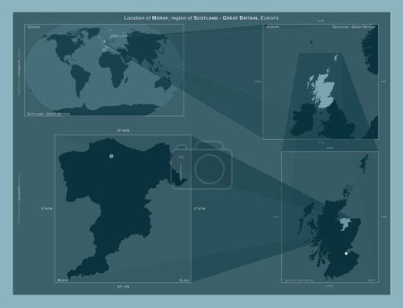 Téléchargez les photos : Moray, région d'Écosse - Grande-Bretagne. Diagramme montrant l'emplacement de la région sur des cartes à plus grande échelle. Composition des cadres vectoriels et des formes PNG sur un fond solide - en image libre de droit