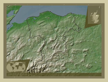 Téléchargez les photos : Moray, région d'Écosse - Grande-Bretagne. Carte d'altitude colorée dans le style wiki avec des lacs et des rivières. Emplacements des grandes villes de la région. Corner cartes de localisation auxiliaires - en image libre de droit