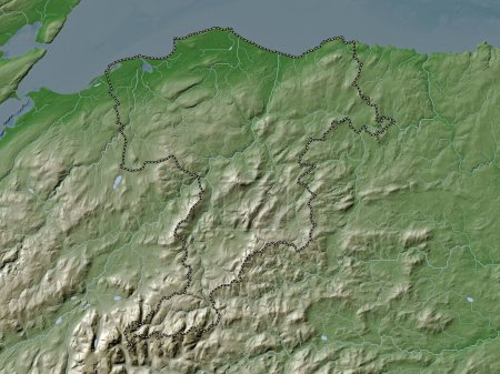 Téléchargez les photos : Moray, région d'Écosse - Grande-Bretagne. Carte d'altitude colorée dans le style wiki avec des lacs et des rivières - en image libre de droit