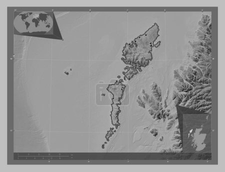 Photo for Na h-Eileanan Siar, region of Scotland - Great Britain. Grayscale elevation map with lakes and rivers. Locations of major cities of the region. Corner auxiliary location maps - Royalty Free Image