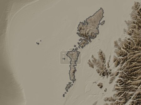 Foto de Na h-Eileanan Siar, región de Escocia - Gran Bretaña. Mapa de elevación coloreado en tonos sepia con lagos y ríos - Imagen libre de derechos