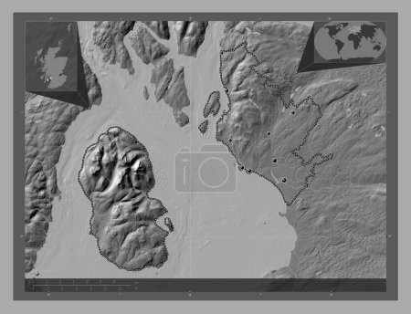 Photo for North Ayrshire, region of Scotland - Great Britain. Bilevel elevation map with lakes and rivers. Locations of major cities of the region. Corner auxiliary location maps - Royalty Free Image